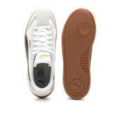 White and gray suede low-top sneakers with black side stripe and gum rubber sole