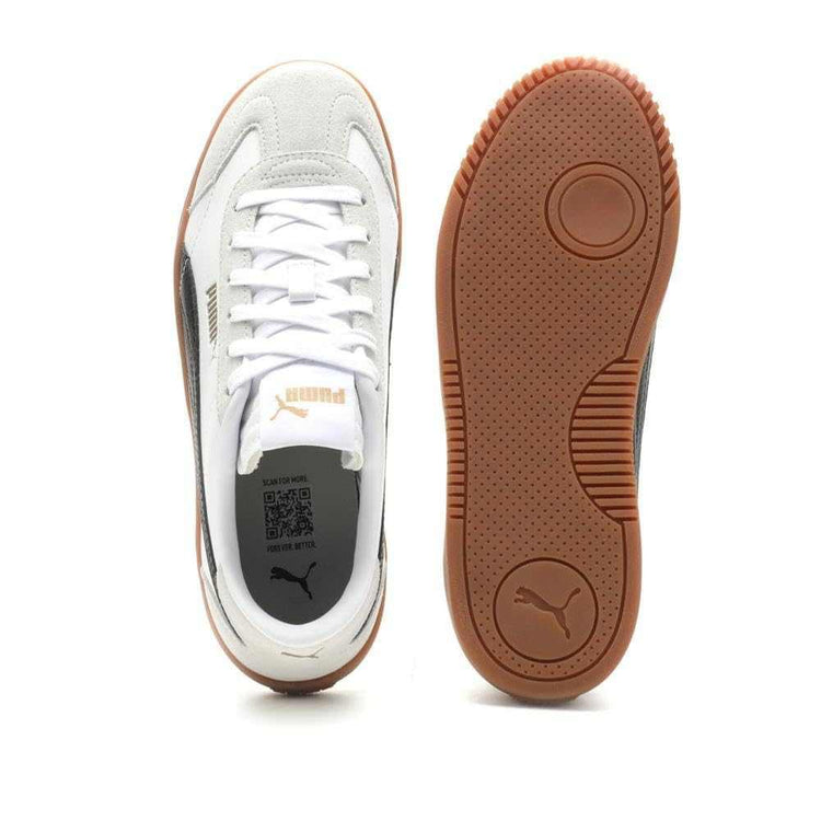 White and gray suede low-top sneakers with black side stripe and gum rubber sole