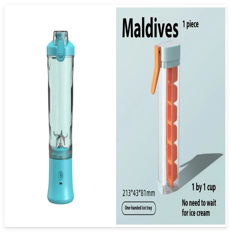 Blue plastic portable blender and transparent single-handed ice tray with orange handle and ice slots