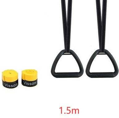 Black and yellow adjustable exercise straps with triangle handles, 1.5m length, durable material.