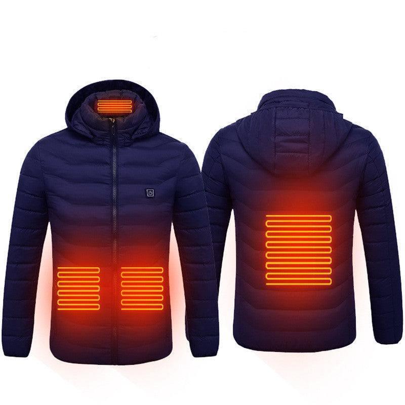 Navy blue puffer jacket with hood, slim fit, shown with built-in heating elements.