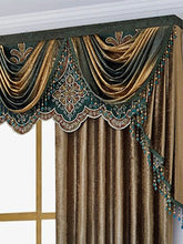 Luxury brown and gold velvet curtains with ornate embroidered valance and beaded trim