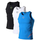Set of three slim fit athletic tank tops in black, white, and blue with stretch fabric.