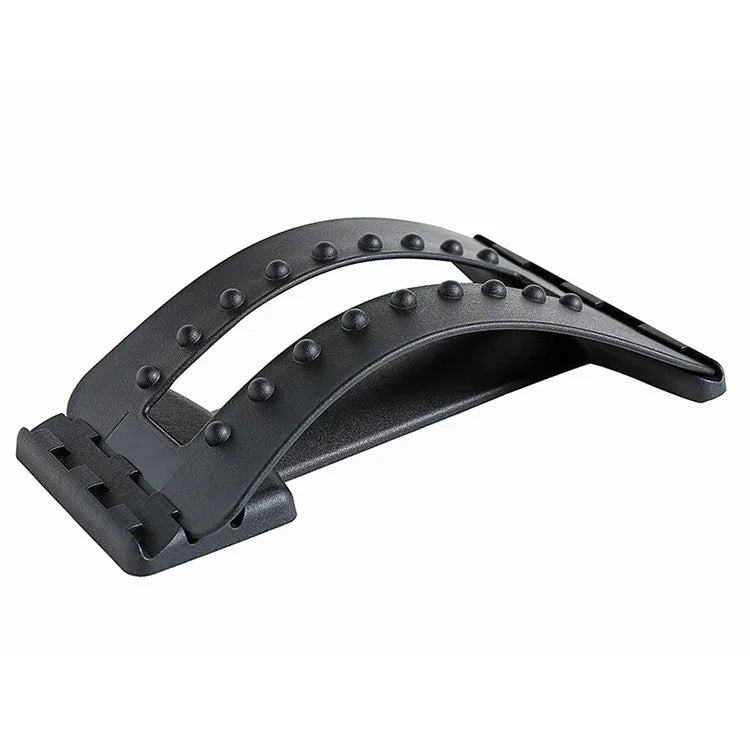 Black adjustable back stretcher with textured surface for lumbar support, ergonomic design