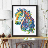 Framed vibrant abstract horse artwork with colorful swirls on modern wooden table decor