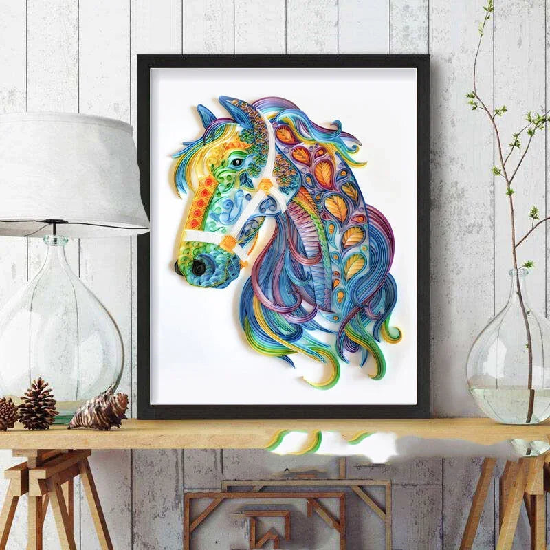 Framed vibrant abstract horse artwork with colorful swirls on modern wooden table decor