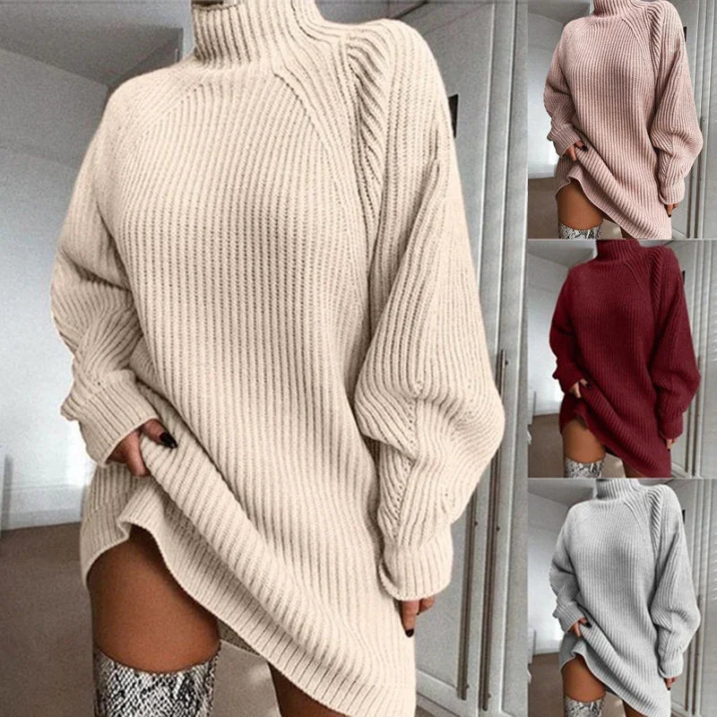 Oversized ribbed turtleneck sweater dress in beige, pink, red, and gray, chunky knit, relaxed fit