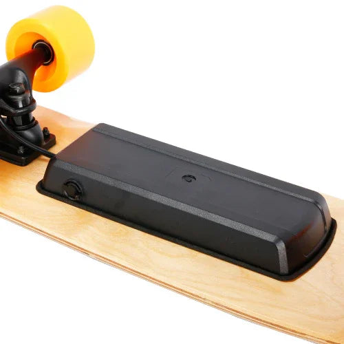 Electric skateboard with natural wood deck, black battery pack, and yellow wheels