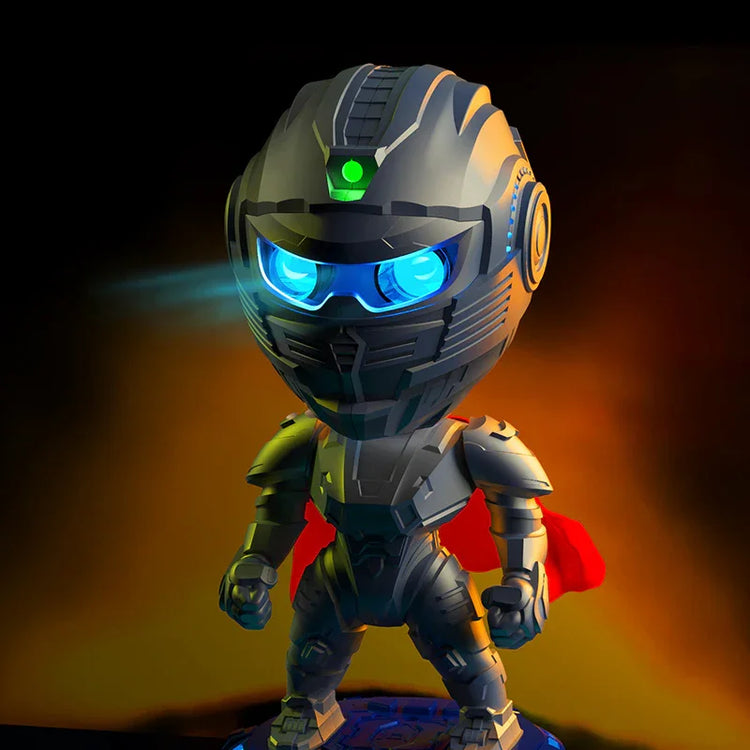 Futuristic robot figure in metallic silver armor suit with blue LED helmet and red cape