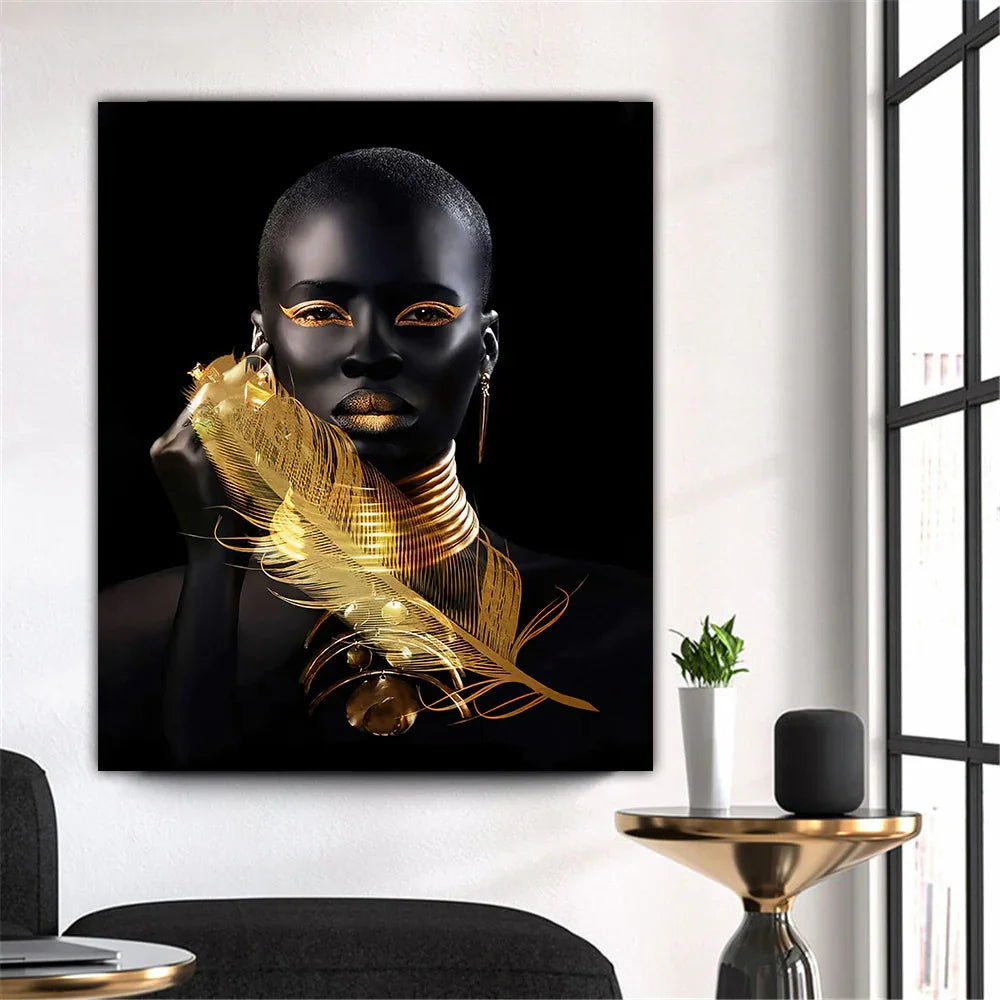 Modern wall art of a woman with gold metallic accessories, black background, bold fashion style.