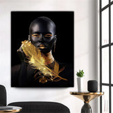Modern wall art of a woman with gold metallic accessories, black background, bold fashion style.