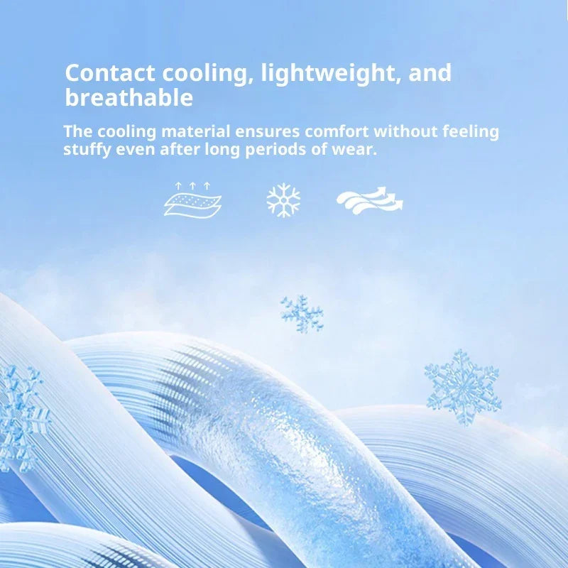 Light blue cooling fabric texture with snowflakes, lightweight breathable material concept