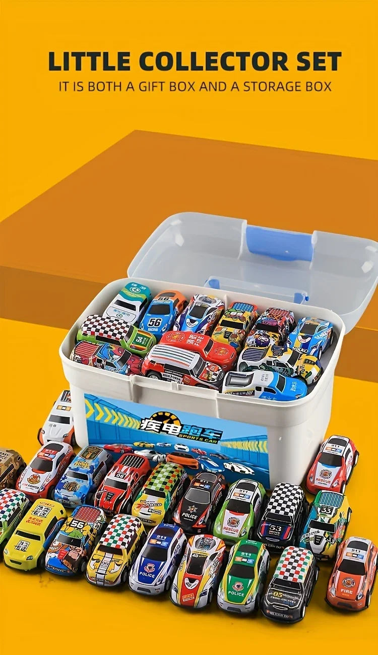 Set of colorful toy race cars in a plastic storage box, assorted designs and patterns