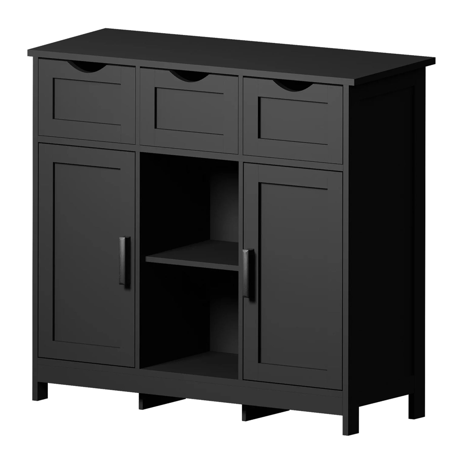Modern black wooden storage cabinet with three drawers, two doors, and open shelves.