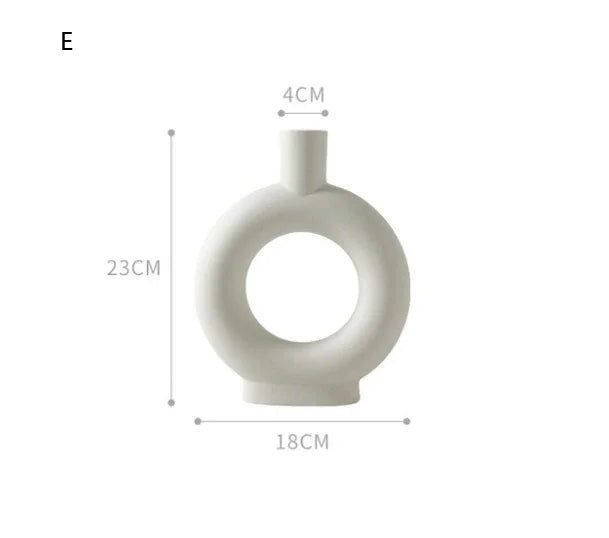 Round white ceramic vase with central hole, matte finish, 23cm tall, minimalist style