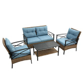 Outdoor wicker patio furniture set with light blue cushions and black metal frames