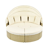 Beige round rattan outdoor daybed with adjustable canopy and matching cushions