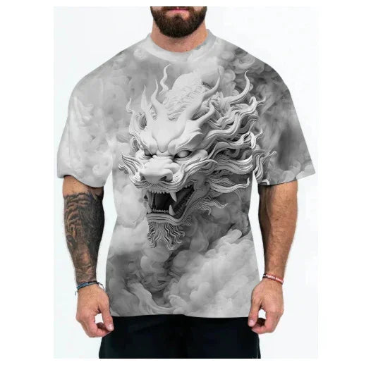 Oversized gray streetwear t-shirt with bold 3D dragon graphic, short sleeves, relaxed fit.