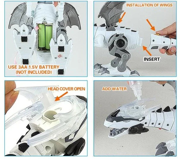 White robotic dragon toy assembly with wing installation, battery compartment, water tank under head cover.