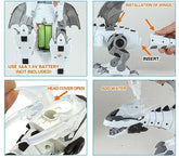 White robotic dragon toy assembly with wing installation, battery compartment, water tank under head cover.
