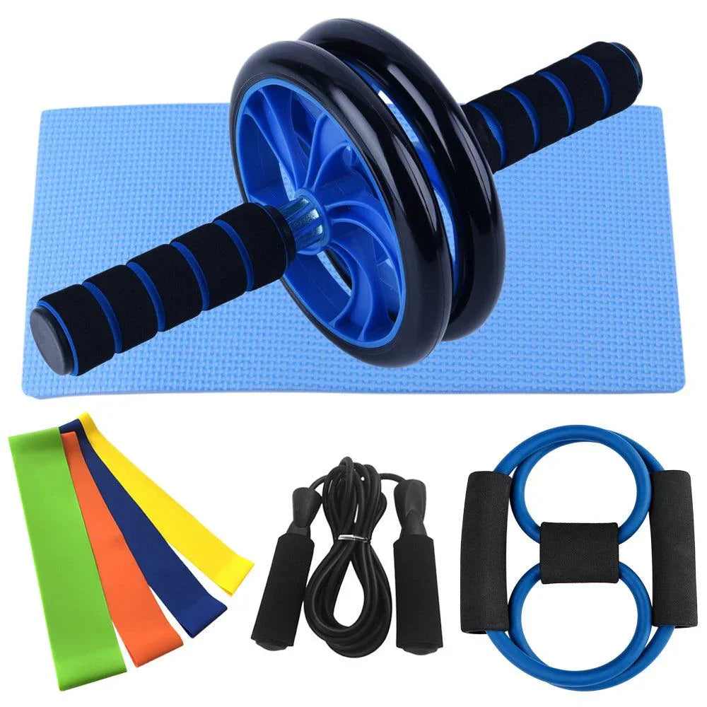 Home workout set with blue ab roller, resistance bands, jump rope, pilates ring, and yoga mat