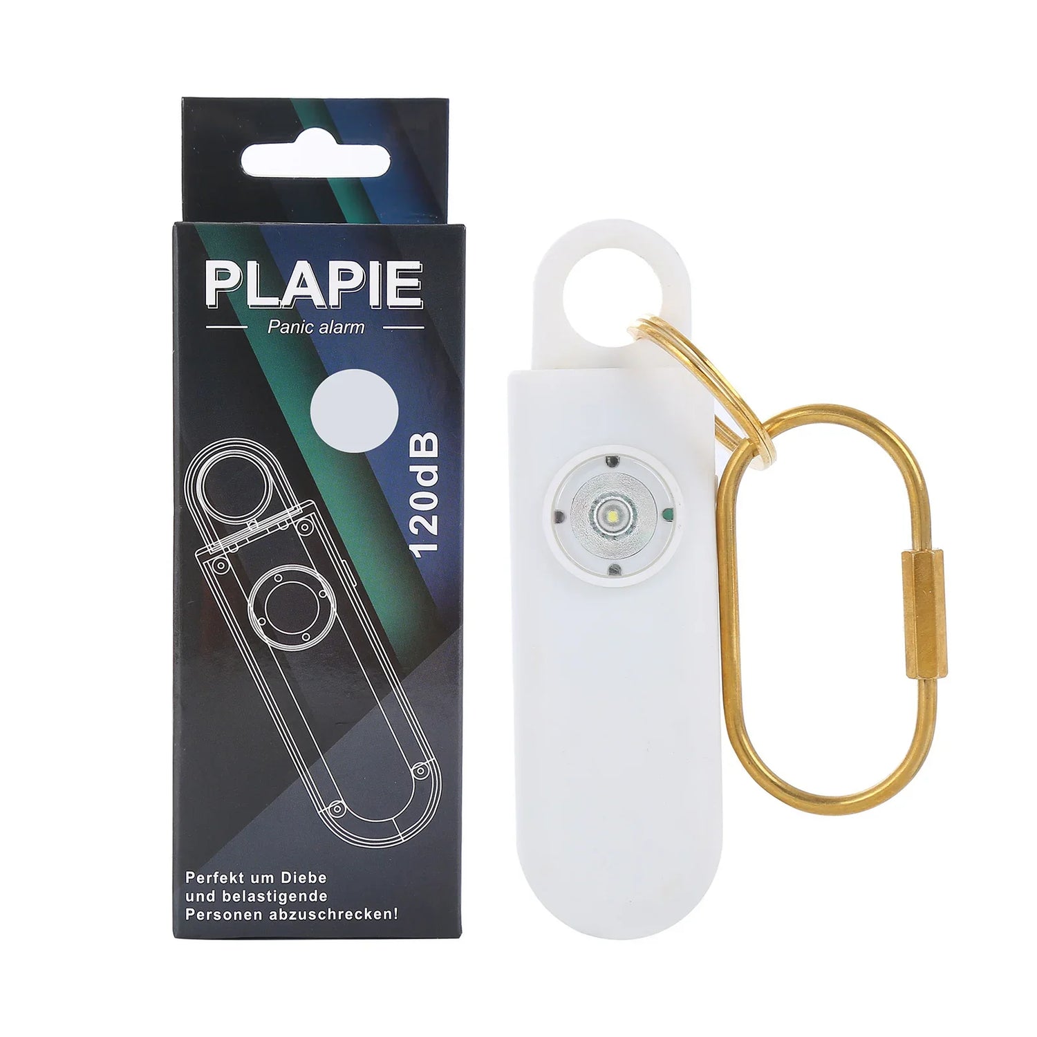 White portable panic alarm with gold keychain and LED light, modern compact design