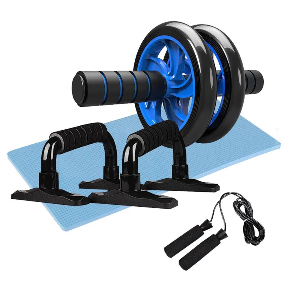 Blue and black fitness set with ab roller, push-up bars, jump rope and exercise mat