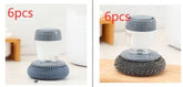 Set of 6 round dish scrubbers with built-in soap dispenser, grey lids, metal mesh base.