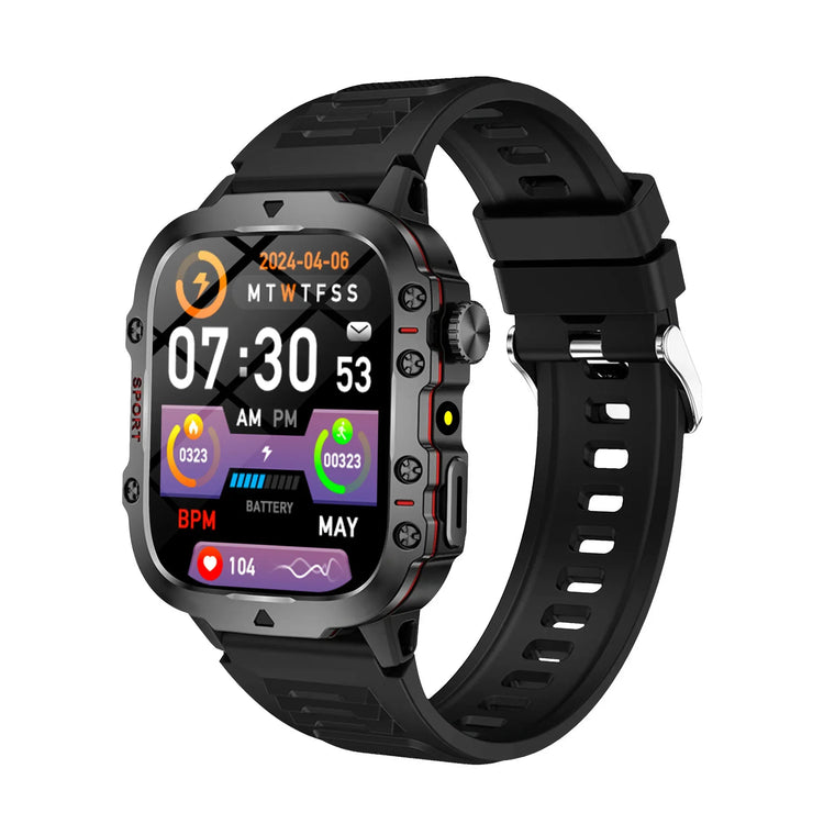 Black rugged smartwatch with silicone strap, colorful display, and fitness tracking interface