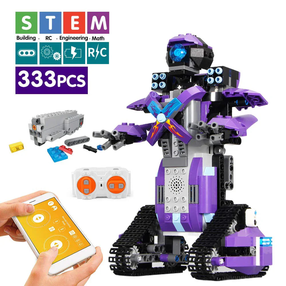 Remote control STEM robot toy with purple and black building blocks, 333 pieces, tracked wheels.