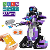 Remote control STEM robot toy with purple and black building blocks, 333 pieces, tracked wheels.