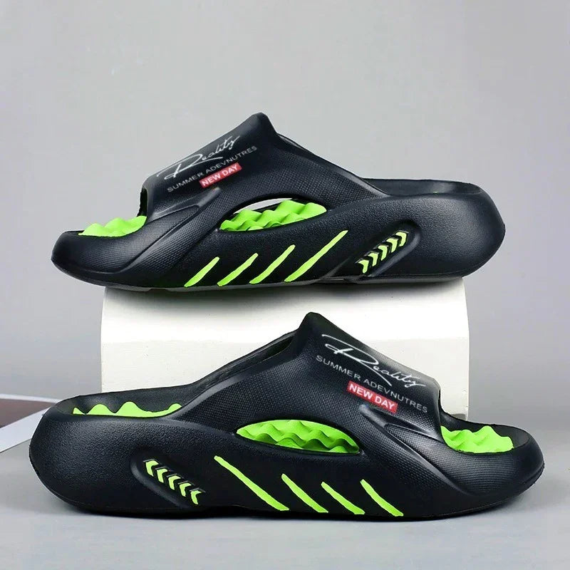 Black and neon green slip-on slides with open toes, sporty design, and textured sole.