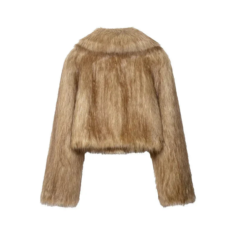 Back view of tan faux fur jacket with long sleeves, cropped fit, and soft texture.