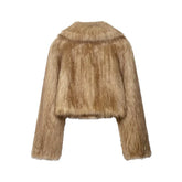 Back view of tan faux fur jacket with long sleeves, cropped fit, and soft texture.