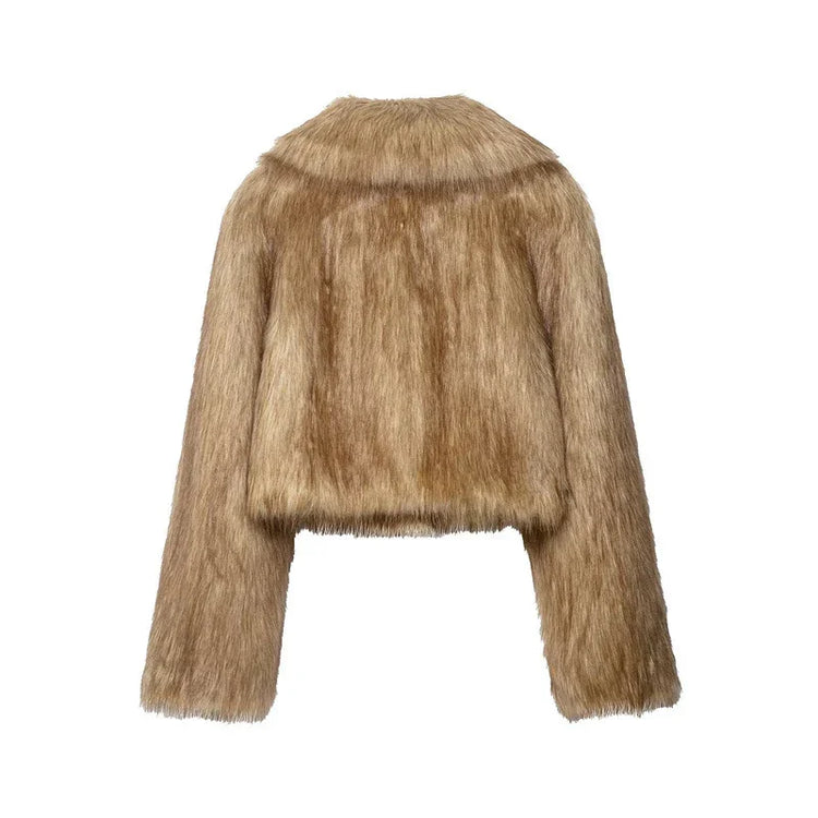 Back view of tan faux fur jacket with long sleeves, cropped fit, and soft texture.