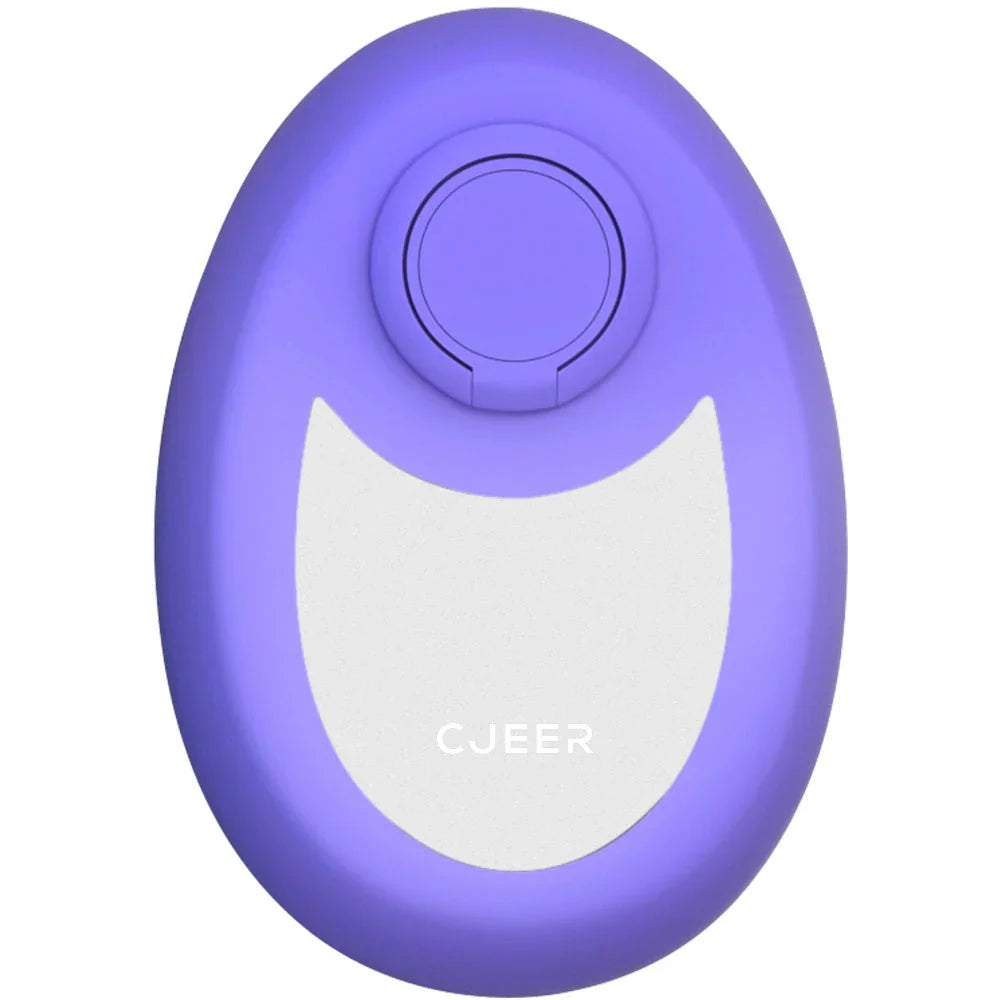Oval-shaped purple and white tech accessory with smooth plastic finish and circular button