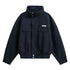 Black oversized bomber jacket with high collar, front pockets, and elastic hem, cotton material