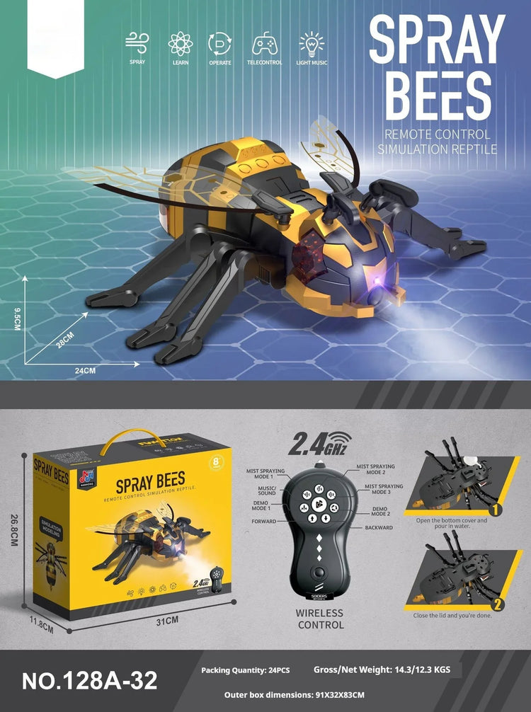 Yellow and black remote control robotic insect toy with wireless controller and spray feature.