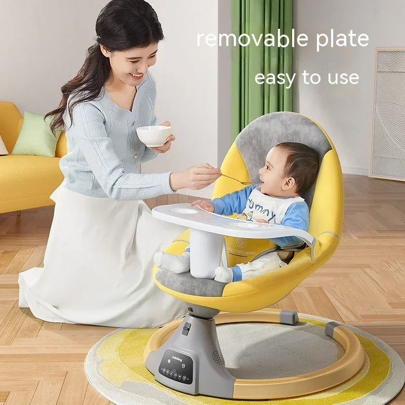 Woman feeding baby in modern yellow and gray high chair with removable tray, casual home setting