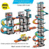 Colorful toy multi-level racing car track set with spiral ramps and six small cars.