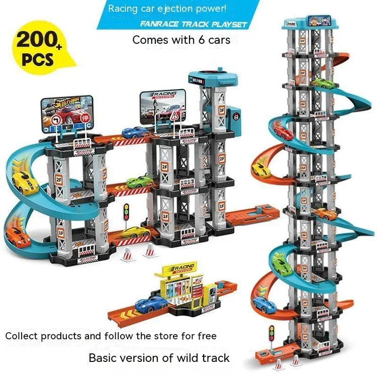 Colorful toy multi-level racing car track set with spiral ramps and six small cars.