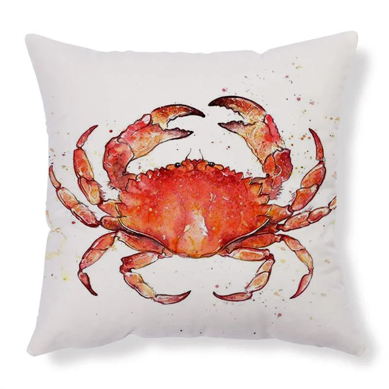 White throw pillow with a vibrant red crab watercolor design, soft fabric, modern home decor