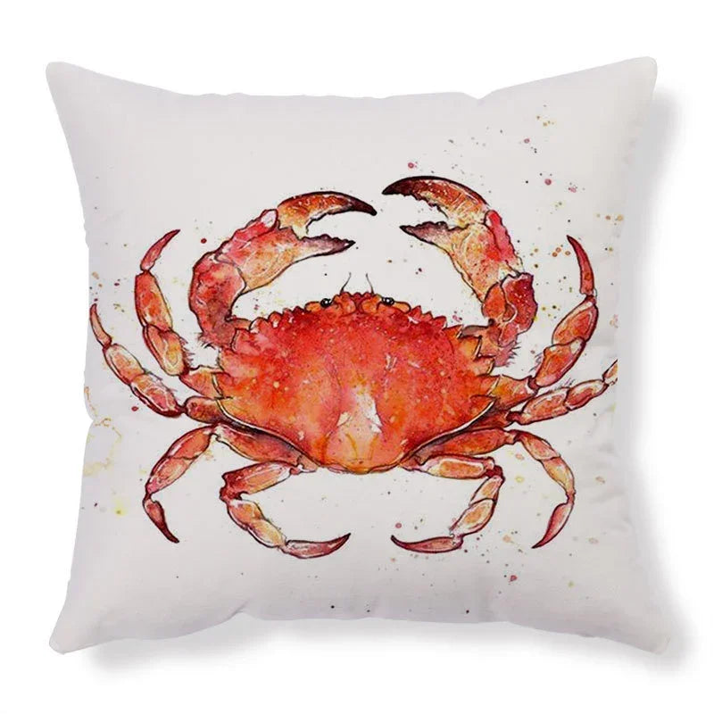 White throw pillow with a vibrant red crab watercolor design, soft fabric, modern home decor
