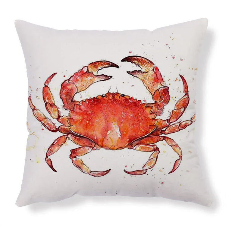White throw pillow with a vibrant red crab watercolor design, soft fabric, modern home decor