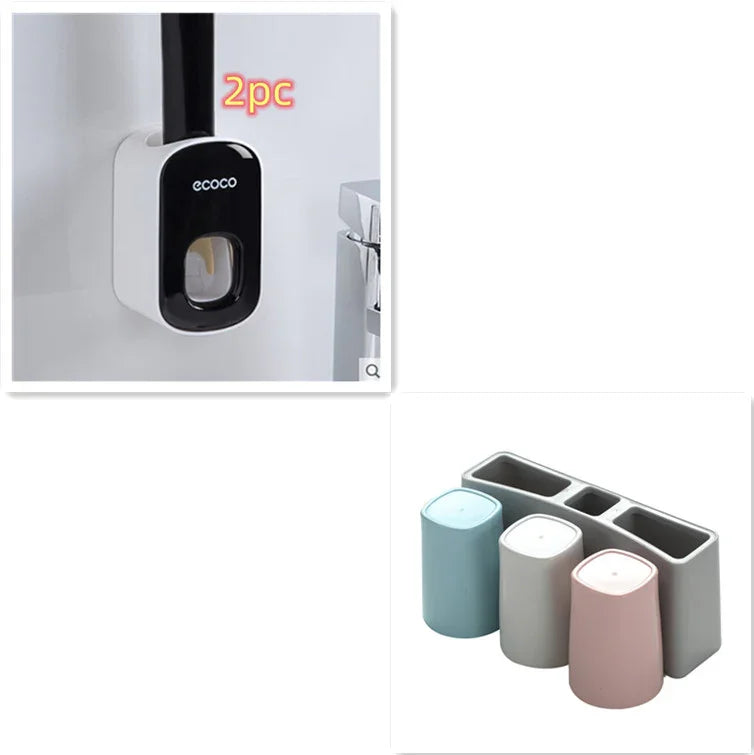 Modern bathroom accessories set featuring a wall-mounted black and white holder and a pastel-colored toothbrush cup organizer.