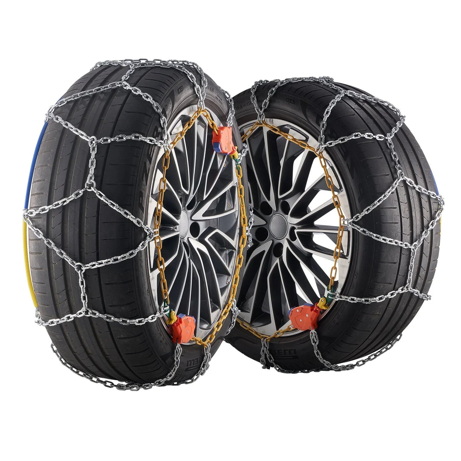 Two black car tires with silver rims fitted with metal snow chains for winter traction.