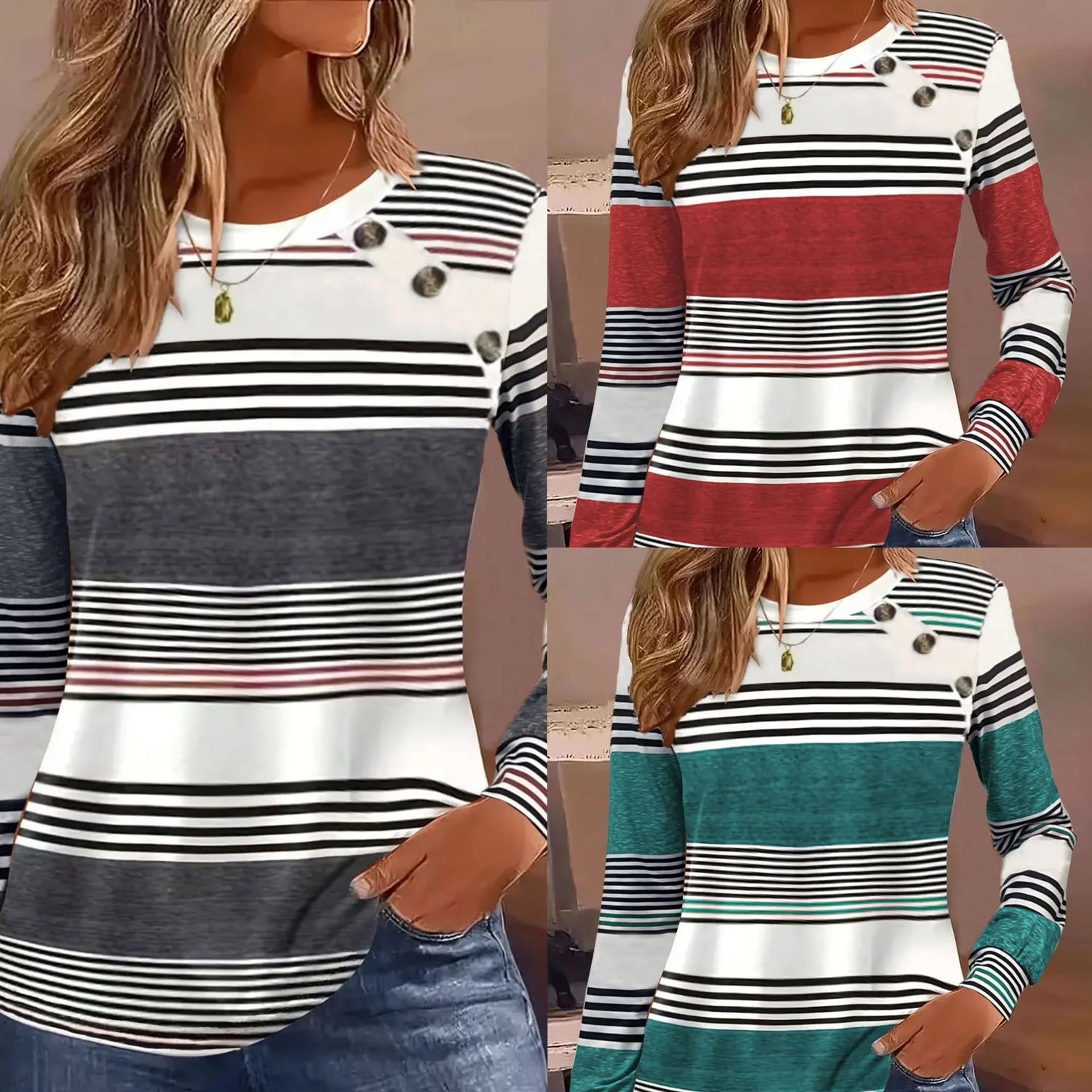 Women’s long sleeve striped pullover tops in black, red, and teal with button details, casual fit.