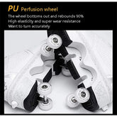White streetwear sneakers with built-in retractable PU wheels, perforated leather design, low-top fit.