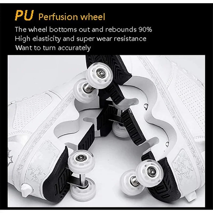 White streetwear sneakers with built-in retractable PU wheels, perforated leather design, low-top fit.