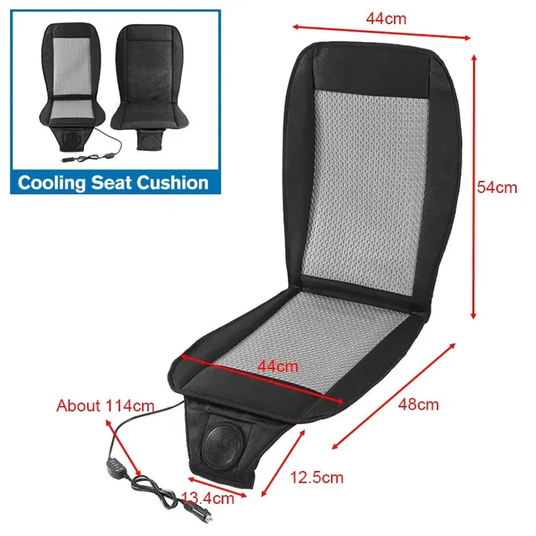 Black and gray mesh cooling seat cushion, breathable material, slim universal fit, with dimensions.